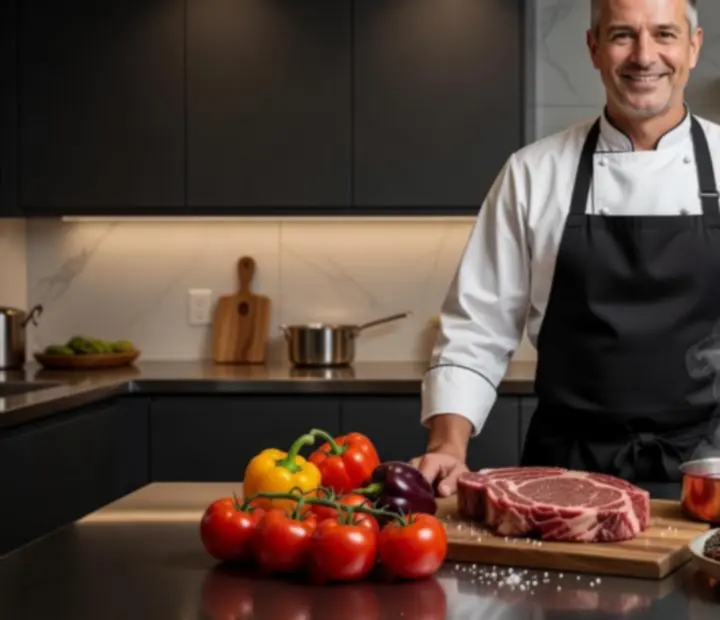 Séf finom részletességgel tálal egy gourmet fogást interjú közben a konyhában