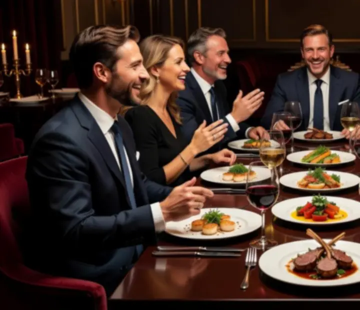 Elegánsan öltözött csapat kötetlen beszélgetés közben egy gyertyafényes éttermi este során