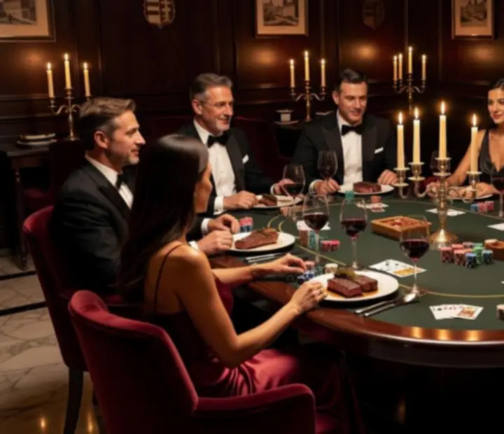 Elegáns poker vacsoraest, szimbolikus zsetonokkal és gourmet fogásokkal megterített asztal
