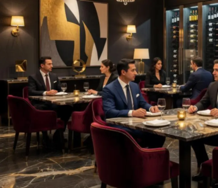 Elegáns steakhouse belső tér márvány asztalokkal és bársonyszékekkel