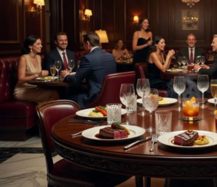 Fine dining vacsora gyertyafényben, elegáns terítékekkel és prémium borospoharakkal egy luxus steakhouse-ban