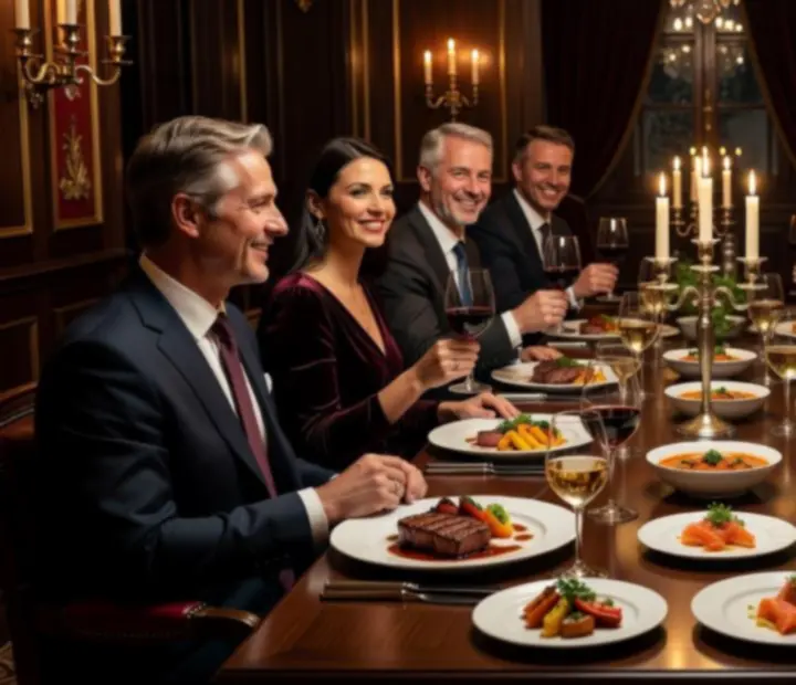 Mosolygó vendégek élvezik gourmet vacsorájukat egy elegáns éttermi környezetben