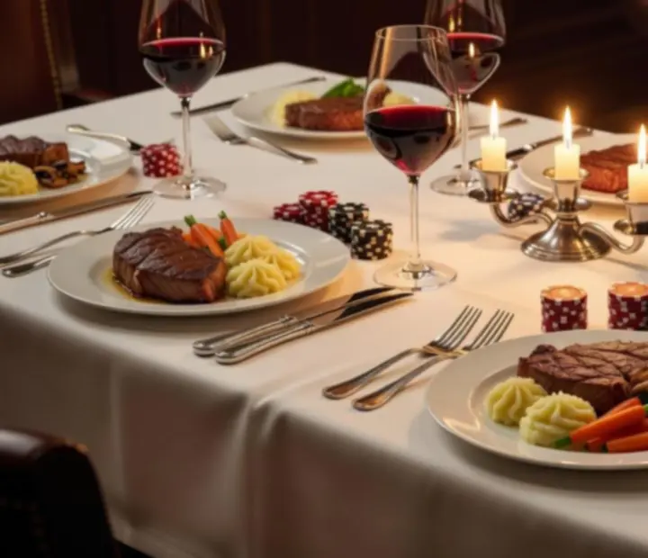 Gourmet steak és fine dining fogások poker témájú vacsoraesthez tálalva