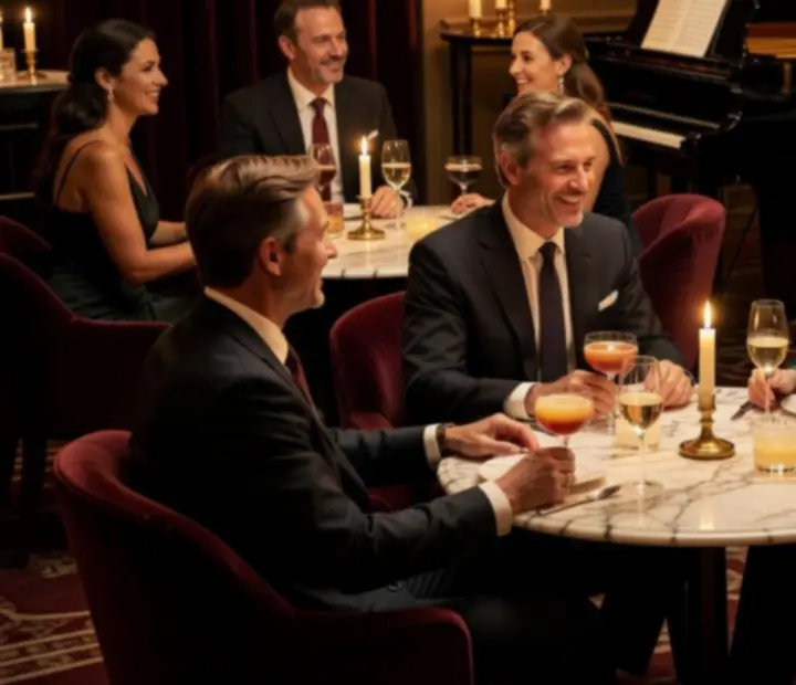 Elegáns lounge térben borozó és koktélt fogyasztó vendégek, meghitt fények között