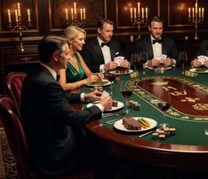 Elegáns poker vacsoraest gyertyafényben, szimbolikus zsetonokkal és gourmet fogásokkal terített asztalokkal