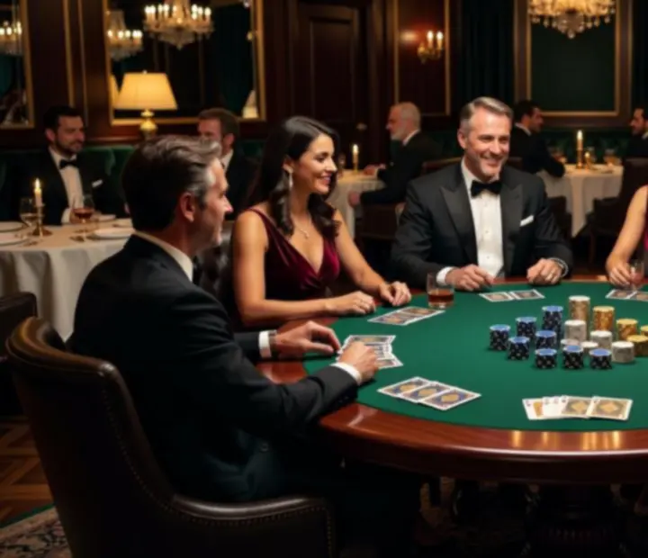 Elegáns poker asztal szimbolikus zsetonokkal és luxus pókerkártyákkal egy gyertyafényes vacsoraesten a Club Selection Hubban.