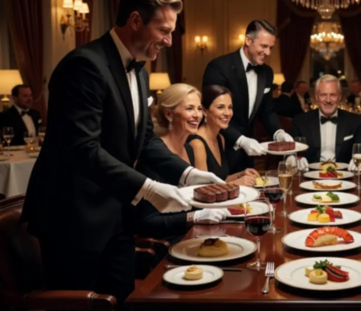 Prémium éttermi kiszolgálás: felszolgáló gourmet steak fogást szervíroz egy elegáns tányéron