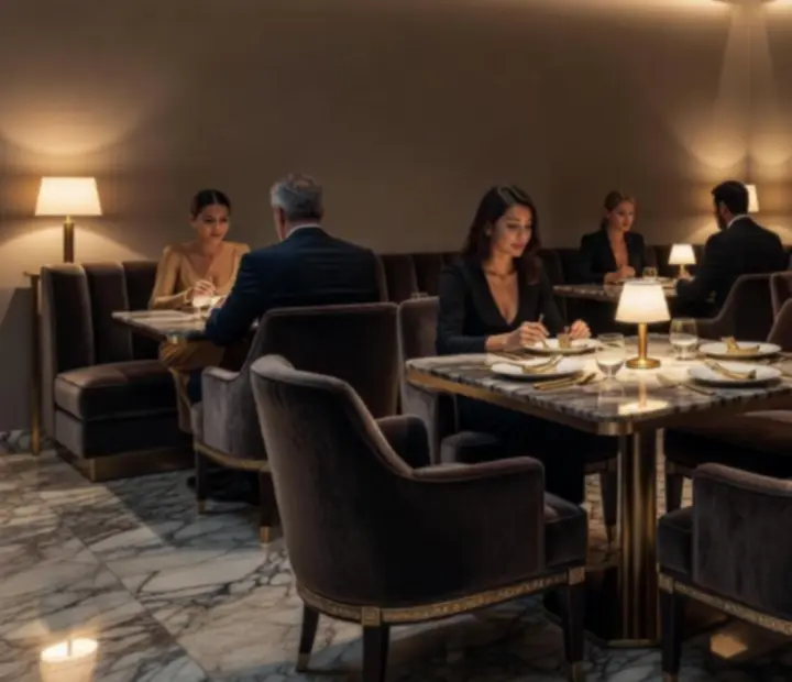 Elegáns privát szalon éttermi környezetben, külön asztalokkal és luxus enteriőrrel
