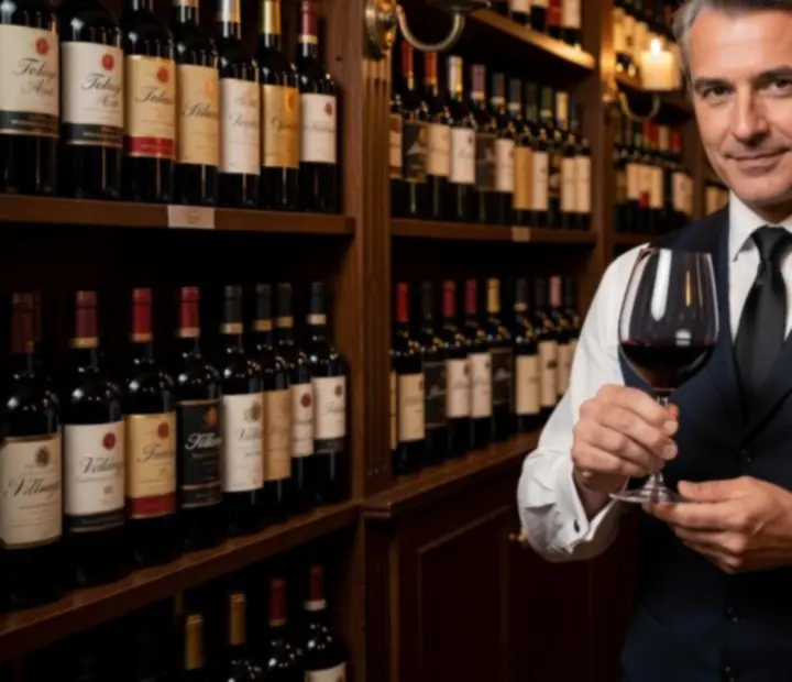 Sommelier vörösbort kóstol elegáns borospohárból gyertyafényes éttermi környezetben