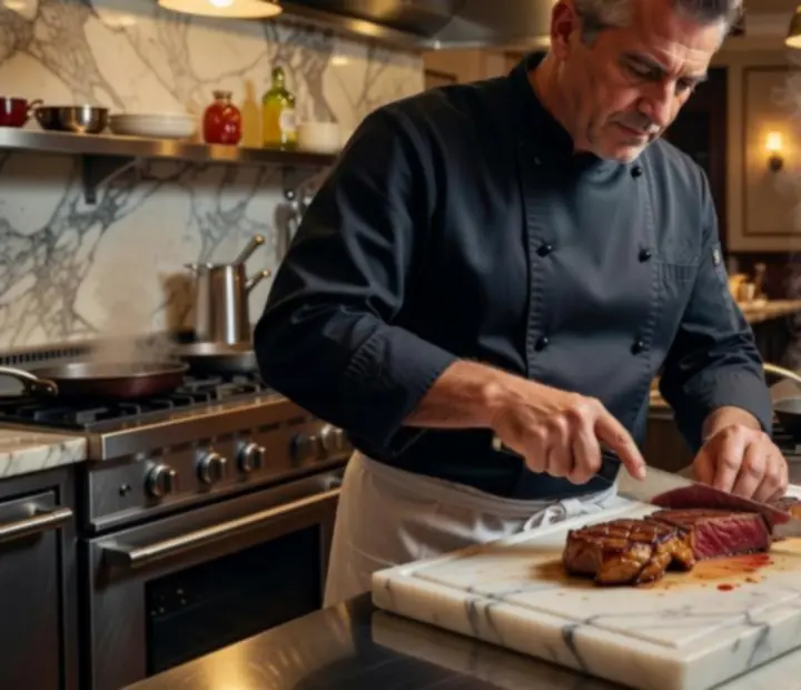 Séf tökéletesre sült steak szeletelése elegáns steakhouse konyhában