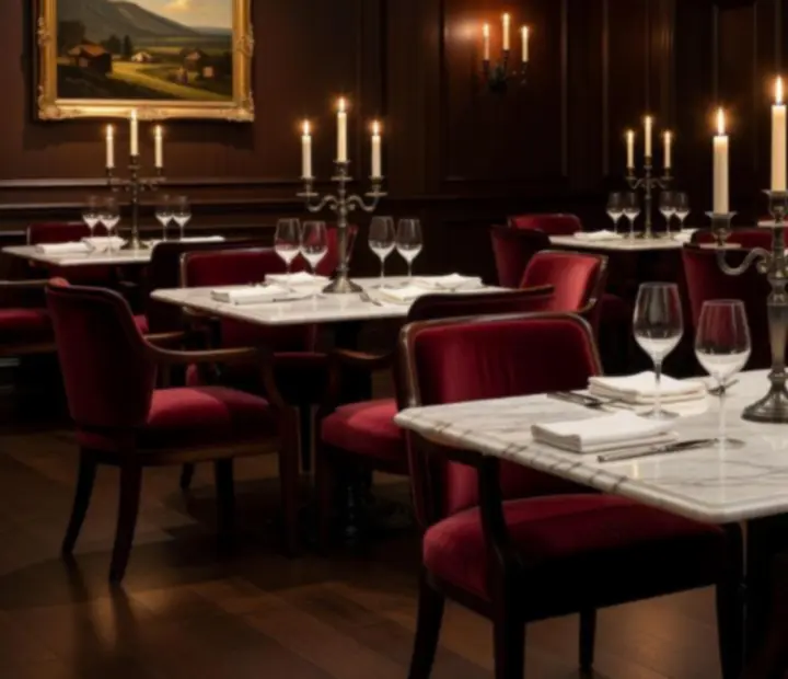 Cinematikus luxus steakhouse enteriőr gyertyafényes asztalokkal, márvány felületekkel és bársonyszékekkel a Club Selection Hubban.