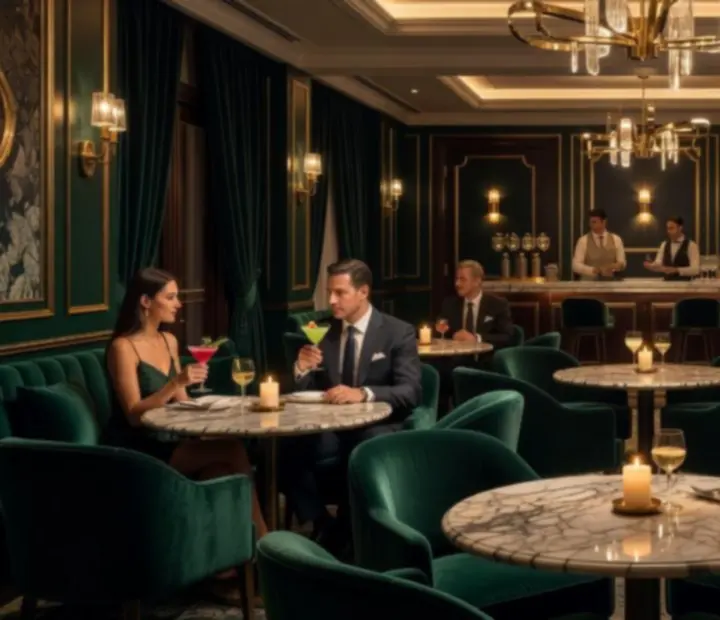 Elegáns VIP lounge részleg márvány asztalokkal, bársony fotelekkel és gyertyafényes, luxus hangulattal