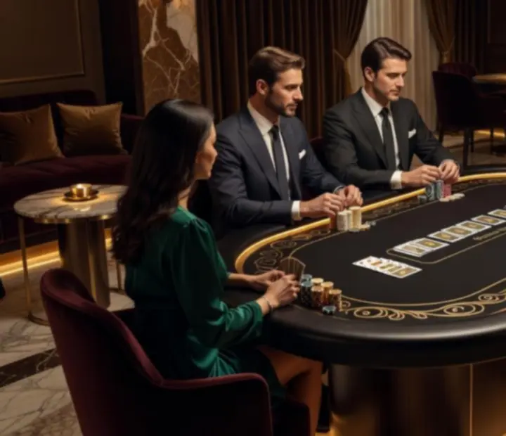 Exkluzív VIP poker terem elegáns asztalokkal, prémium kártyákkal és szimbolikus zsetonokkal