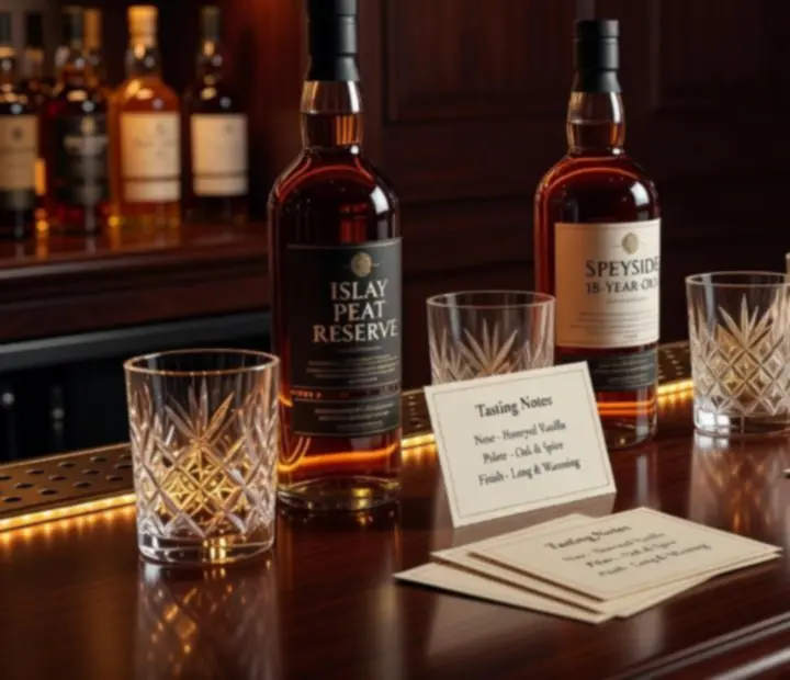 Prémium whisky palackok és kóstoló poharak elegáns bárpulton
